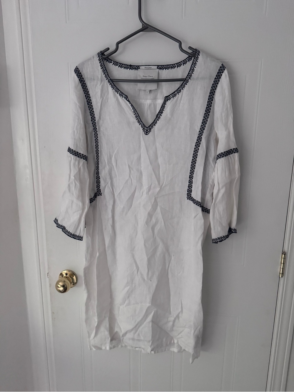 Part Two White Linen Tunic with Navy Embroidery
